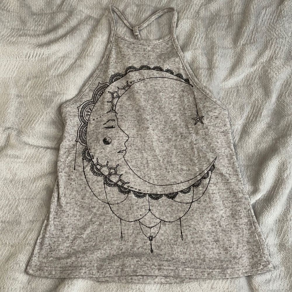 Gray graphic halter top.